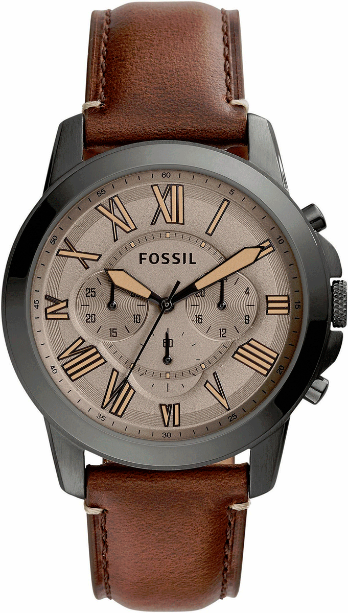 Fossil Grant chronograph watch with brown dial and Roman numerals, brown leather strap