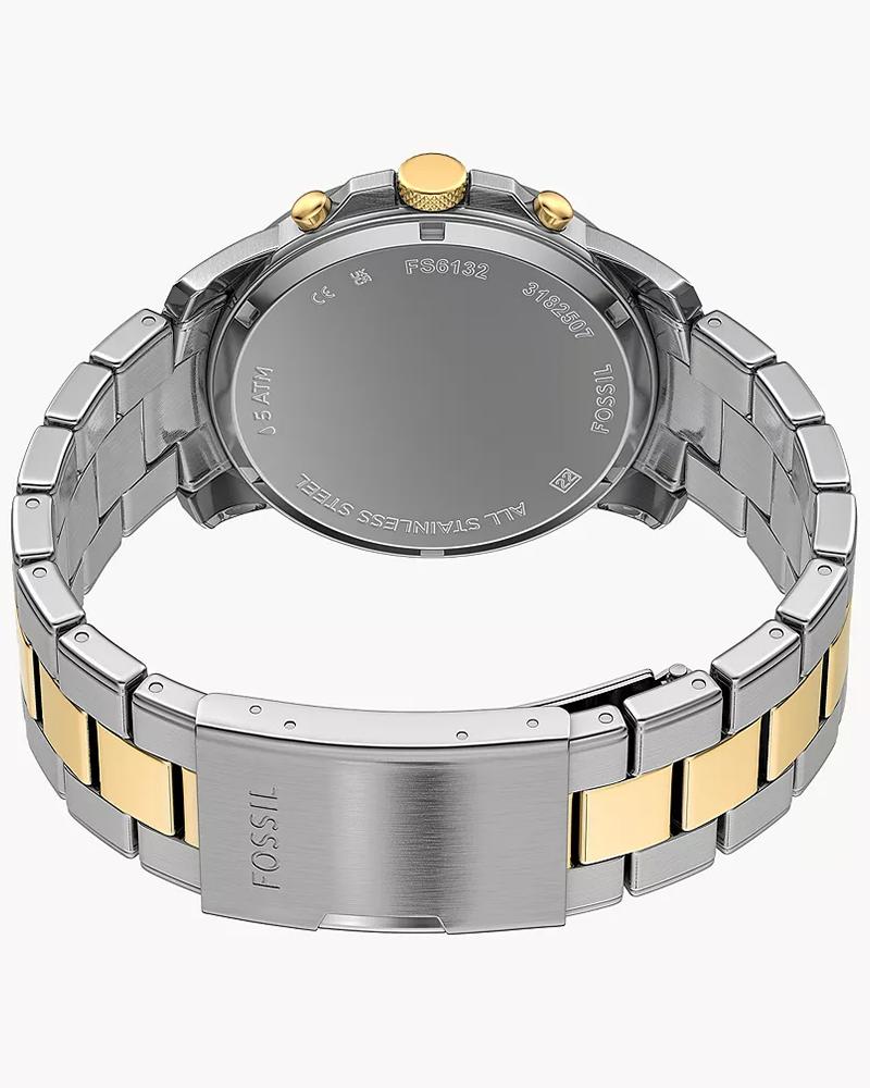 Fossil Grant caseback showing stainless steel case with two-tone strap attachment