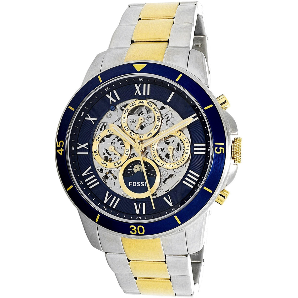 Fossil Grant silver and gold-tone stainless steel watch with blue dial and skeleton movement