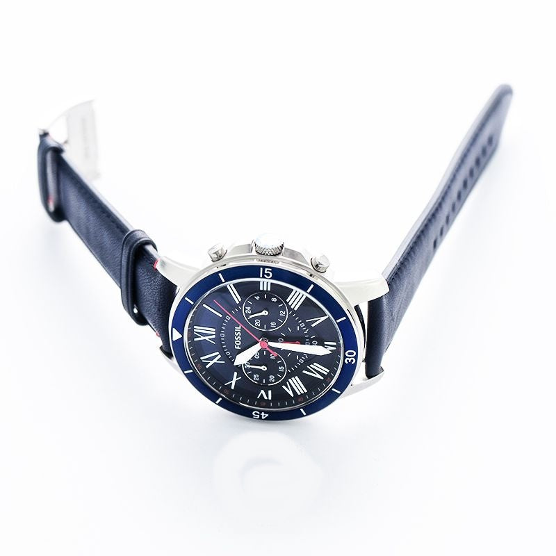 Fossil Grant Sport FS5373 watch on wrist showing blue leather strap and chronograph dial