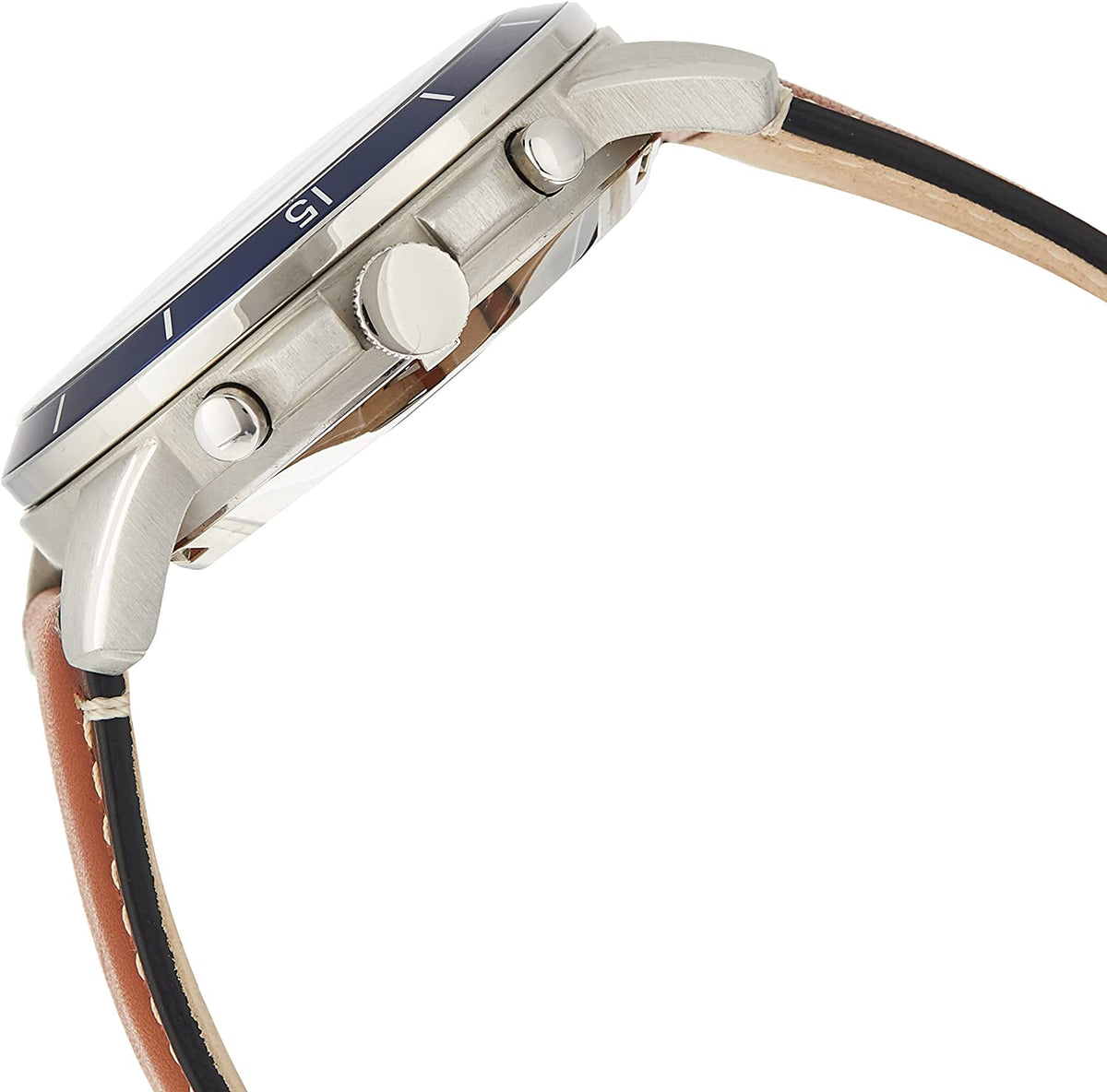 Fossil Grant Sport watch side profile showing stainless steel case and leather strap