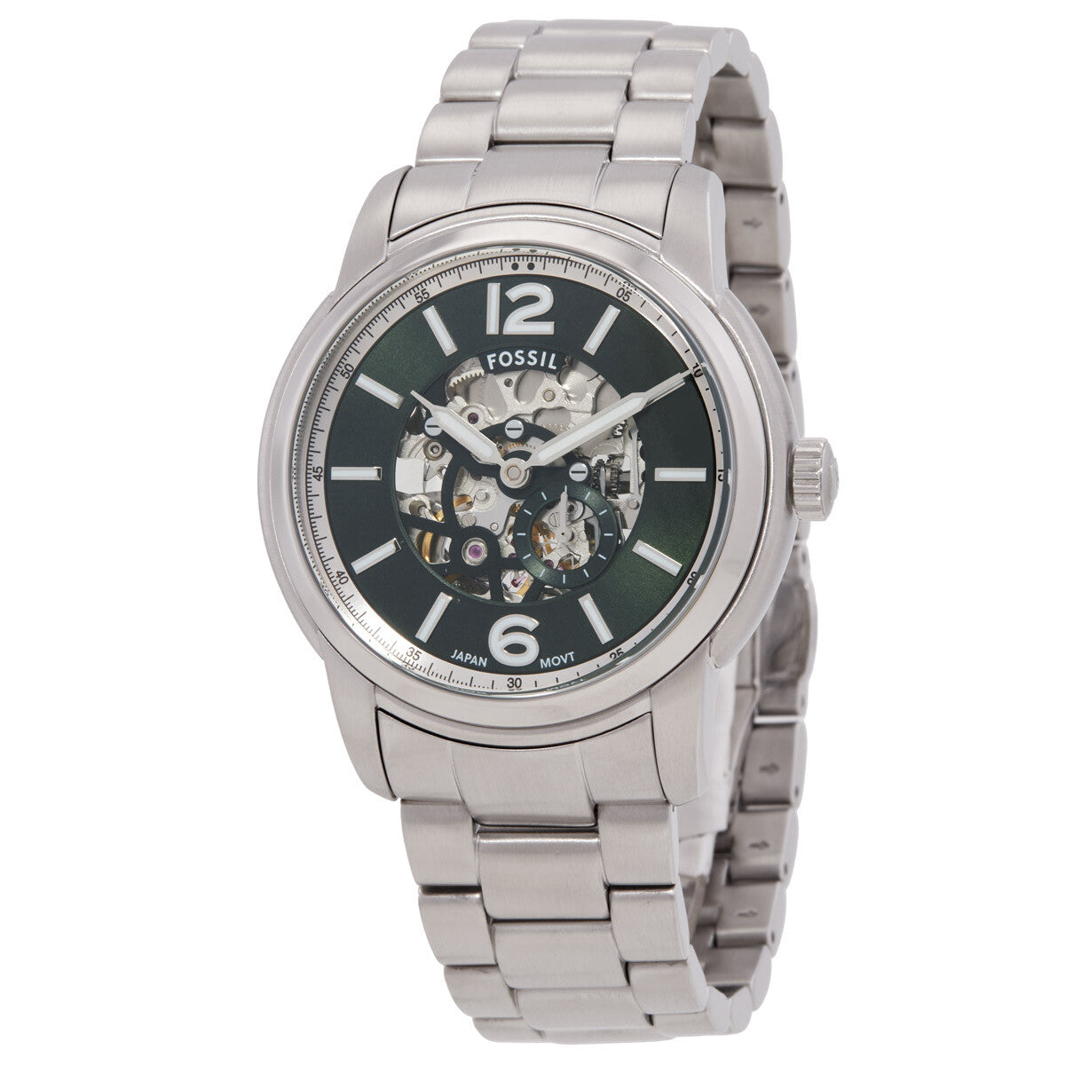 Fossil Heritage ME3262 three-quarter view showing black dial with visible automatic movement