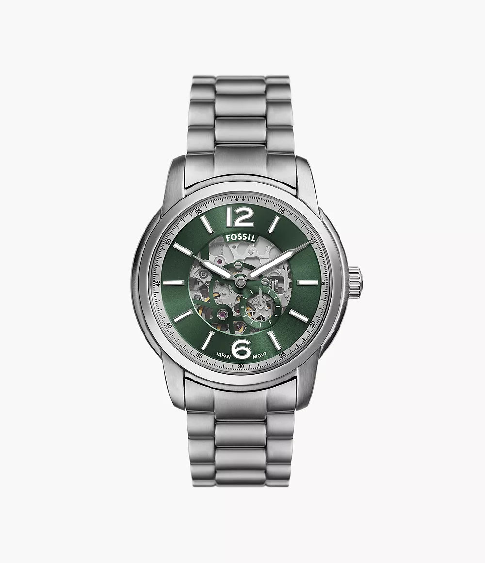 Fossil Heritage ME3262 automatic watch with green dial and skeleton movement display