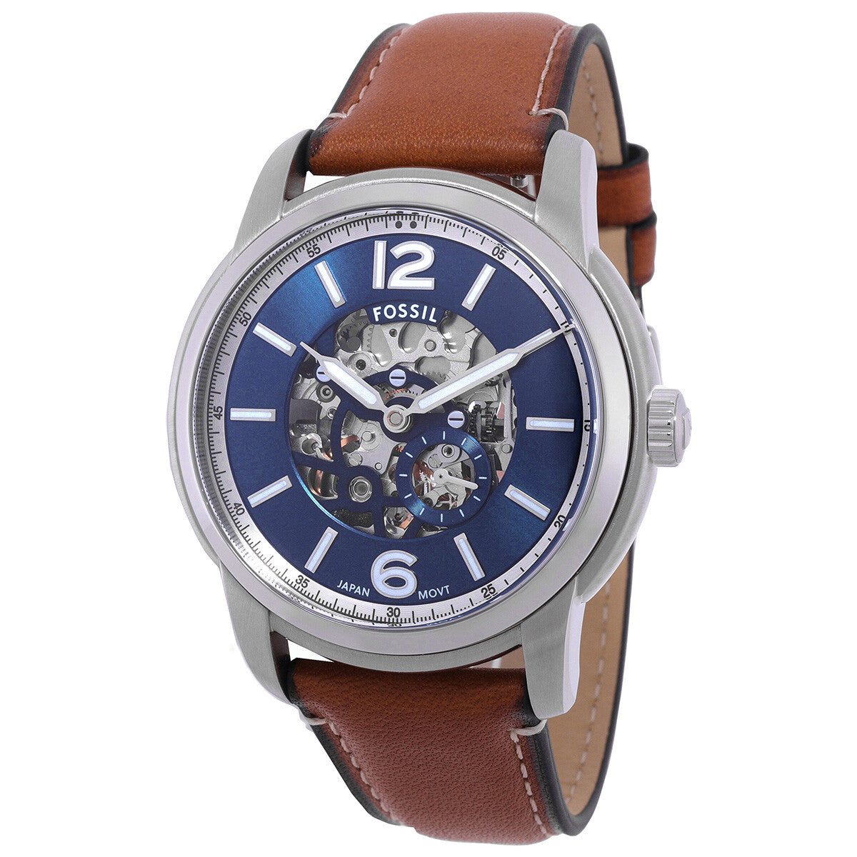 Fossil Inscription skeleton dial showing visible automatic movement with blue background