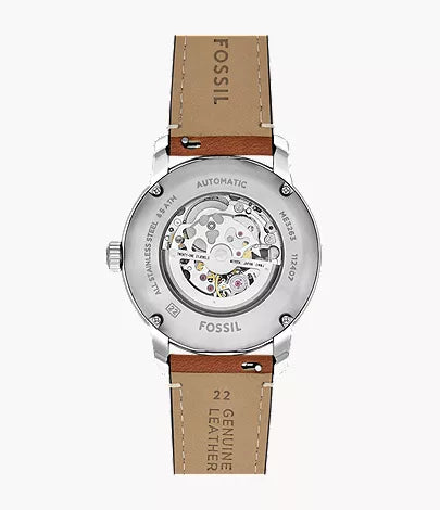 Fossil Inscription automatic movement visible through transparent caseback with skeleton dial