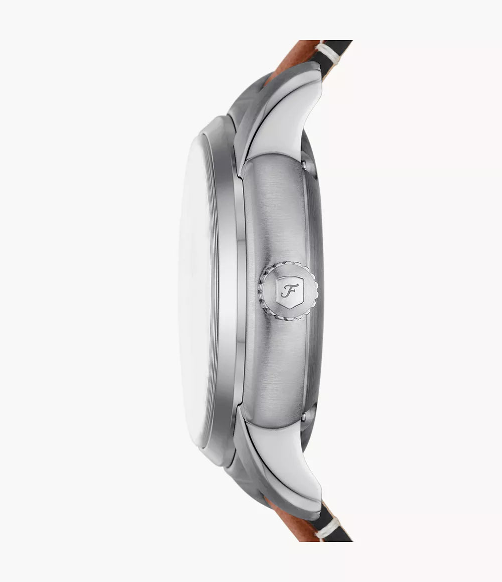 Side profile of Fossil Inscription watch showing case thickness and brown leather strap
