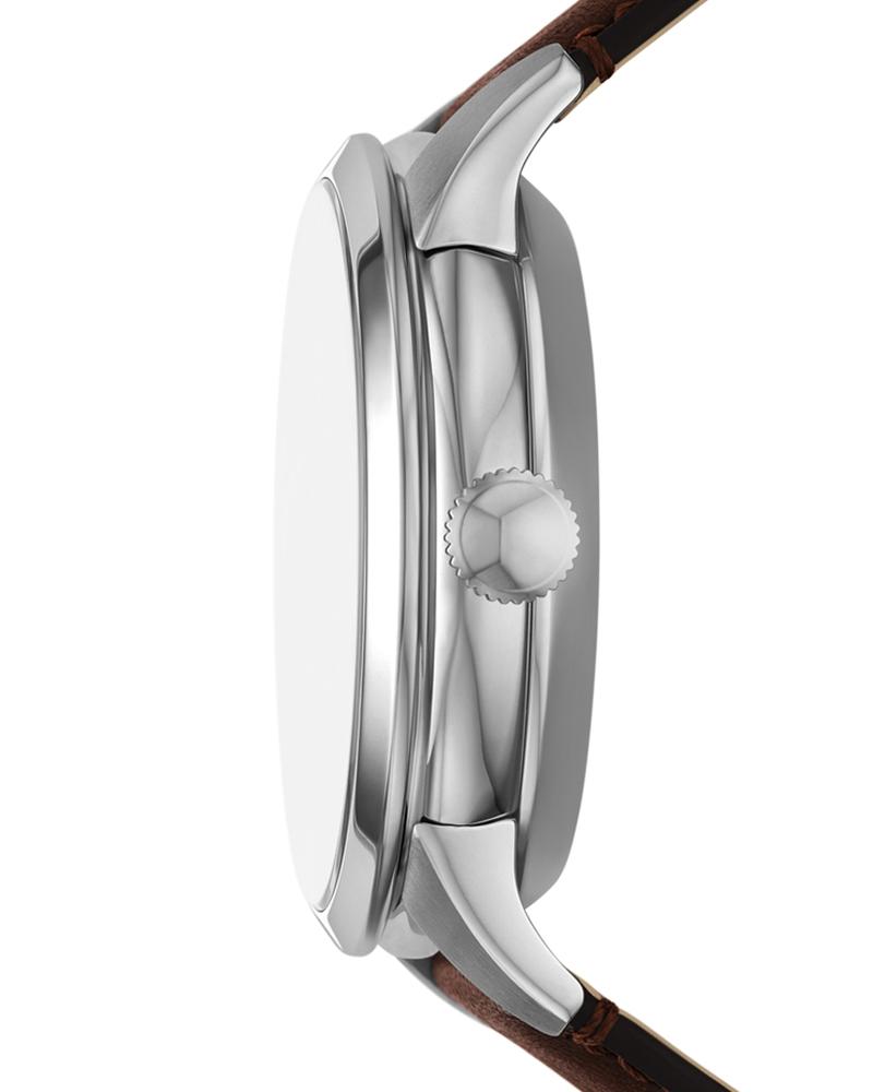 Side profile of Fossil Inscription watch showing stainless steel case and brown leather strap