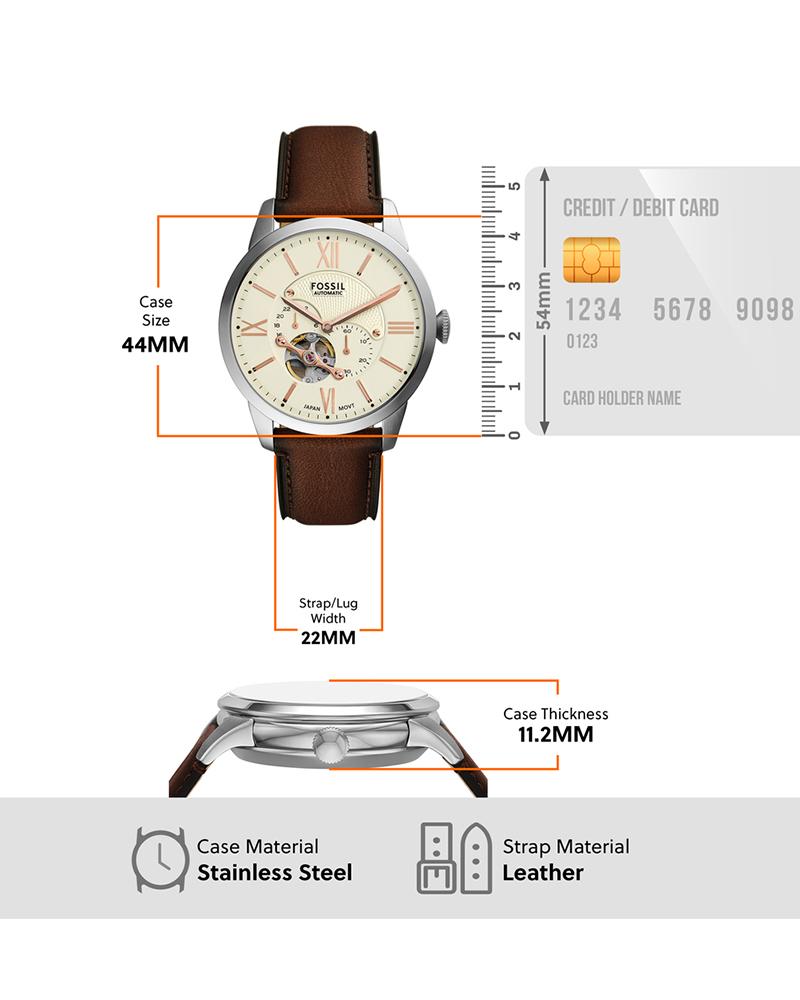 Fossil Inscription ME3266 specs showing 44mm case, 22mm strap width, 11.2mm thickness, stainless steel case and leather strap