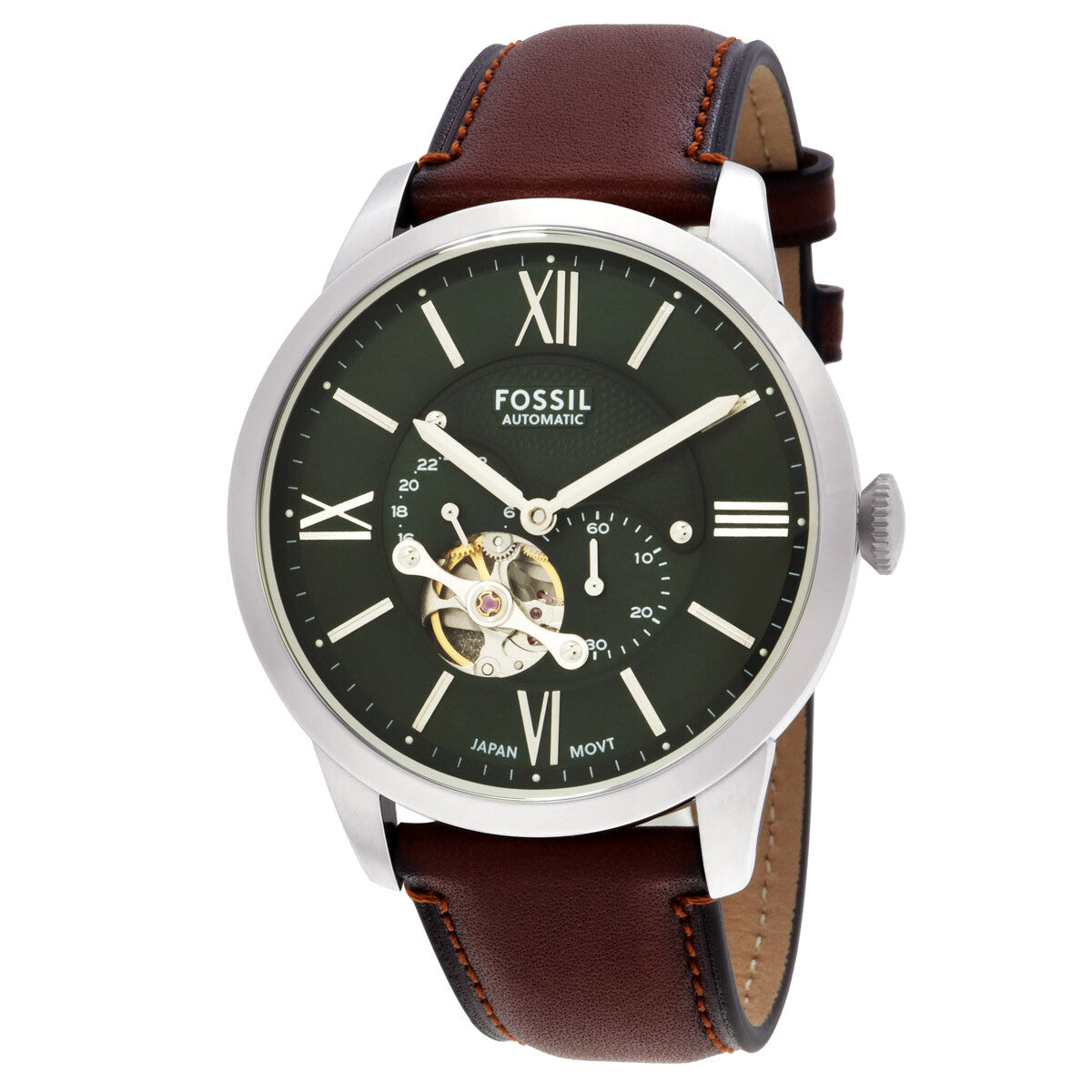 Fossil Inscriptor automatic watch showing green open-heart dial and brown leather band