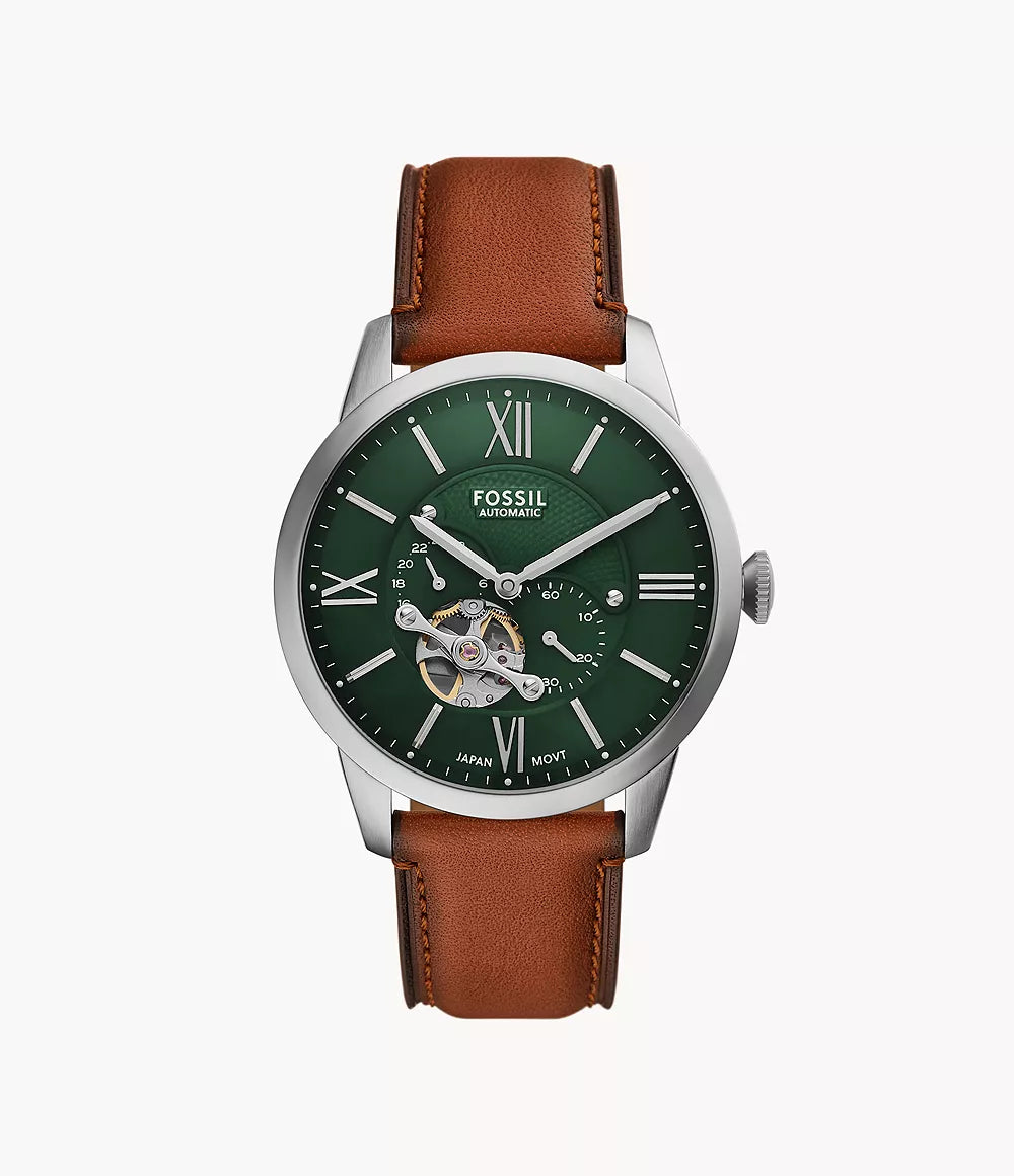 Fossil Inscriptor Automatic men's watch with green dial, silver case, and brown leather strap