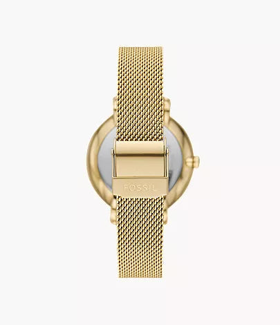 Fossil Jacqueline Dragonsteel watch caseback showing gold mesh strap attachment