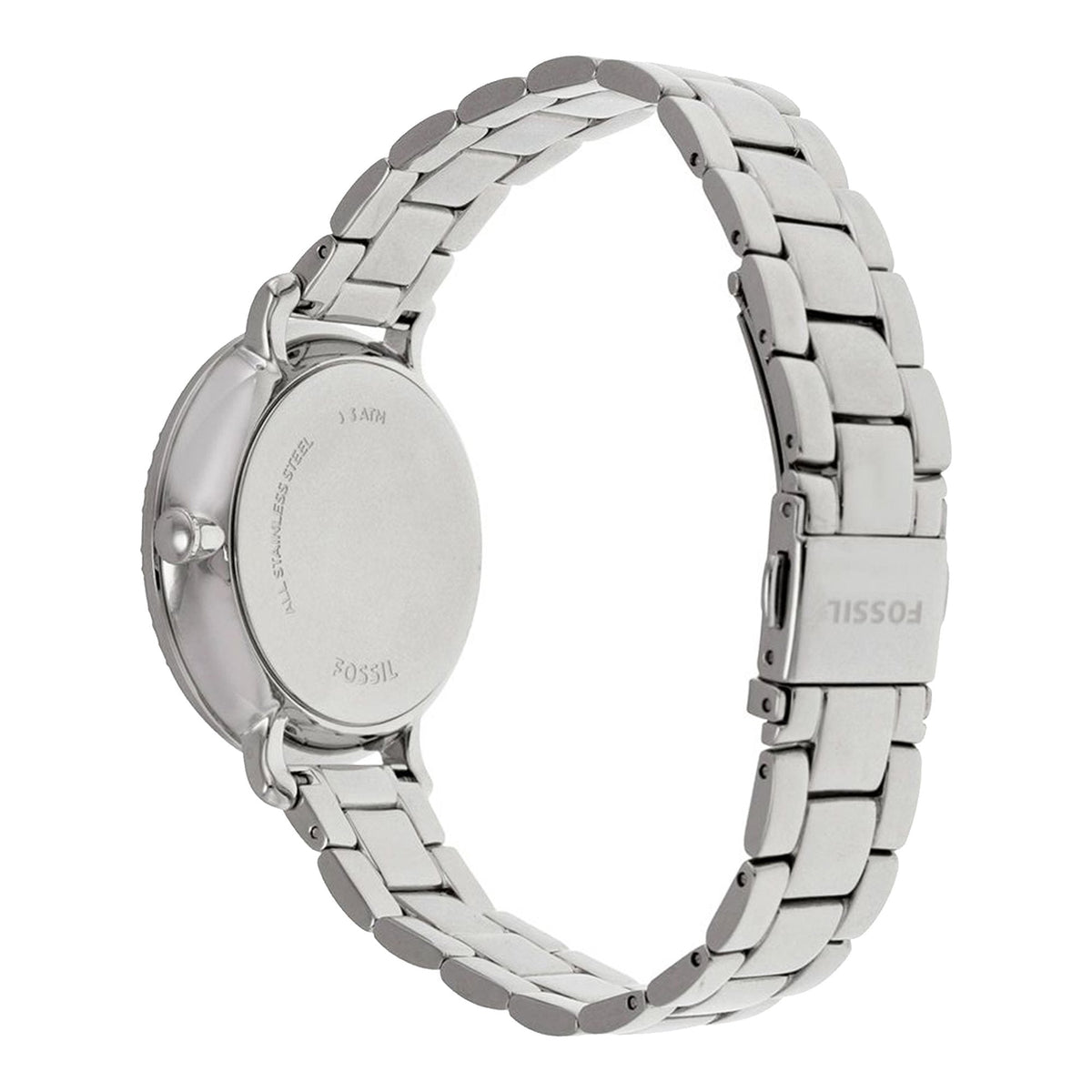 Stainless steel case back of Fossil Jacqueline watch with engraved Fossil branding