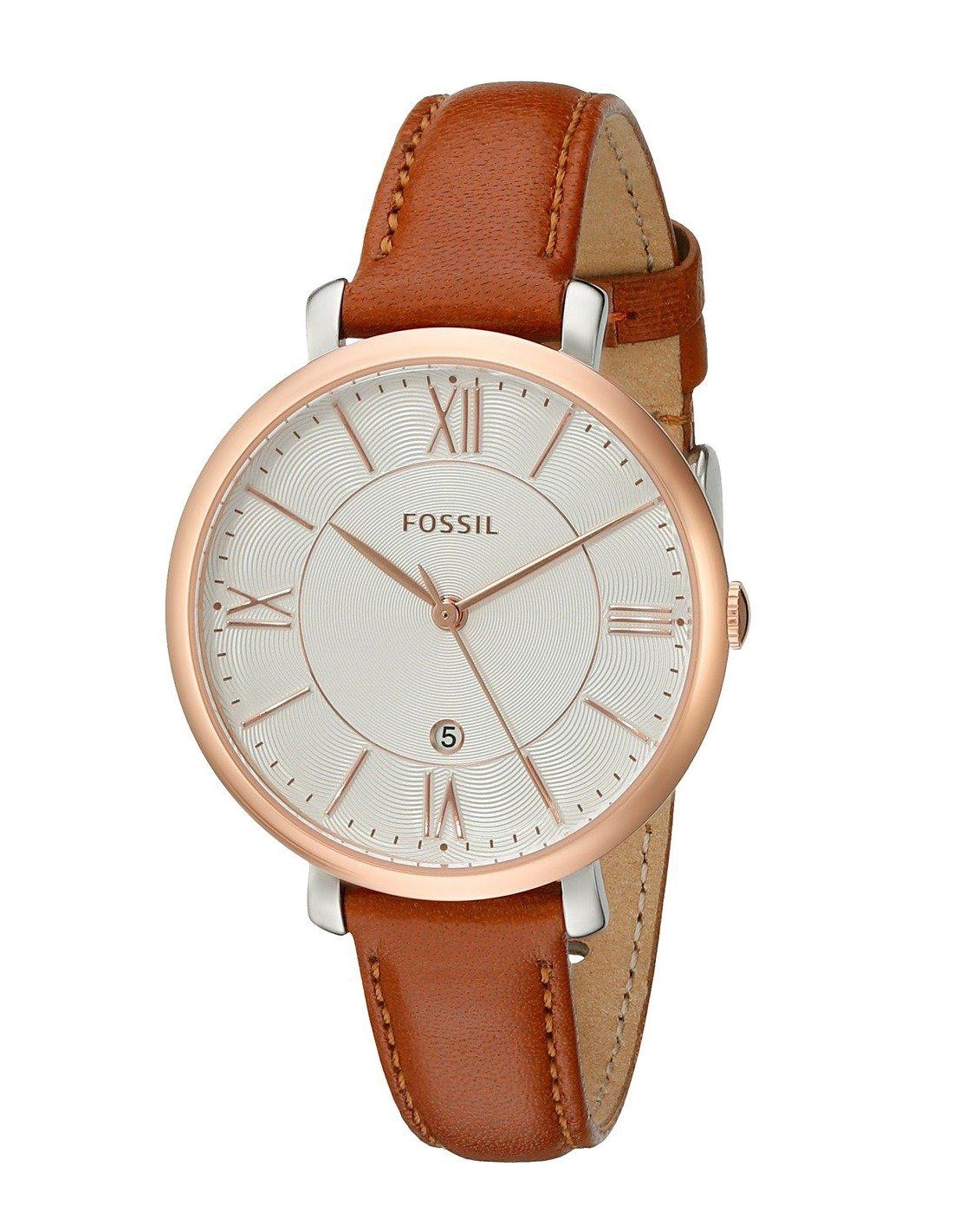 Fossil Jacqueline ES3842 watch angled view showing white dial and brown leather band
