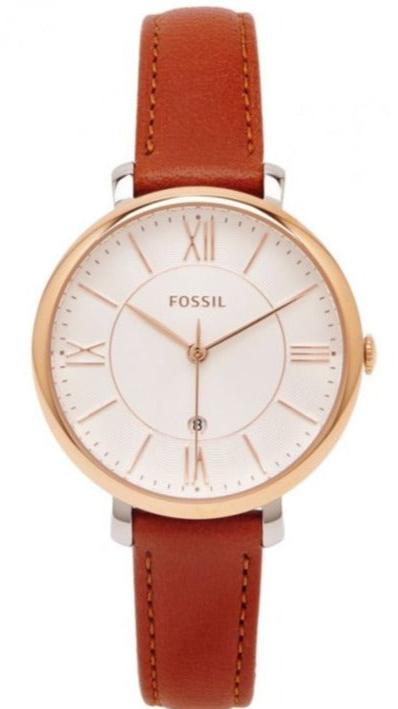 Fossil Jacqueline ES3842 women's watch with white dial, rose gold case, and brown leather strap