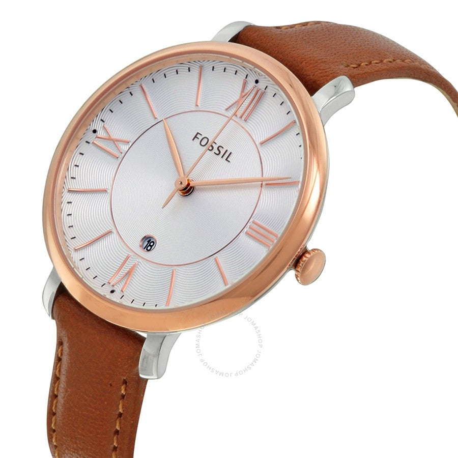 Fossil Jacqueline ES3842 watch on wrist showing white dial and brown leather strap