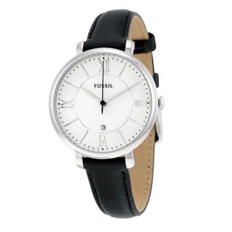 Fossil Jacqueline watch at angle showing silver case and black leather strap