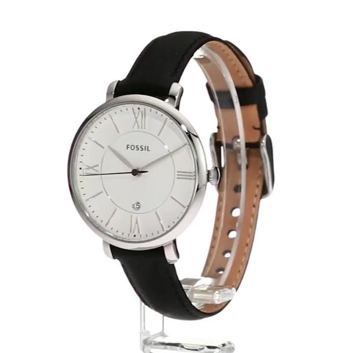 Side view of Fossil Jacqueline watch with leather strap and tan suede backing
