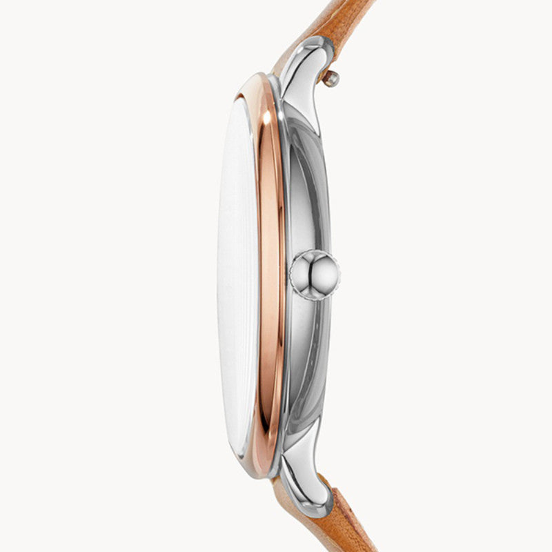 Side profile of Fossil Jacqueline watch displaying rose gold case depth and leather strap