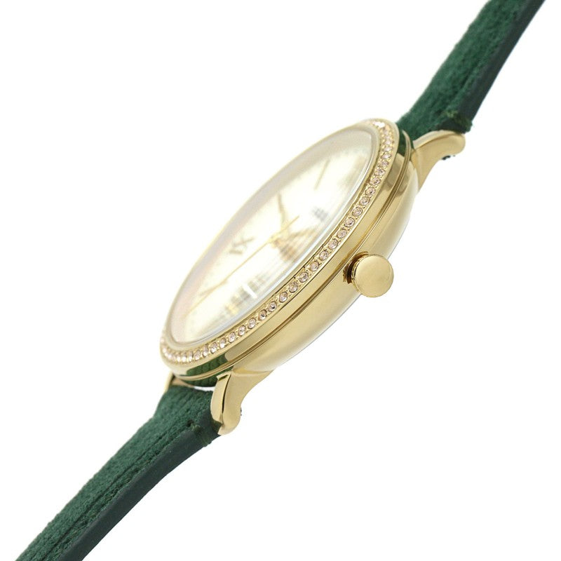 Fossil Jacqueline watch angle view showing oval gold-tone case with diamond bezel and green leather strap