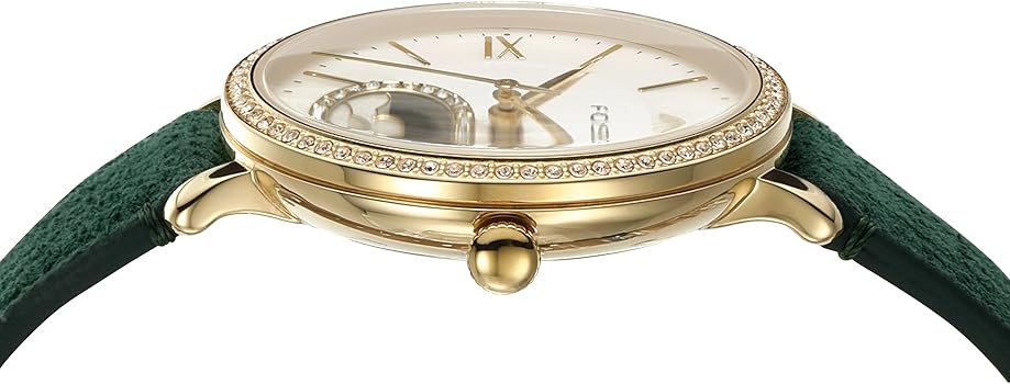 Fossil Jacqueline watch front view with moonphase subdial and Roman numeral markers on white dial