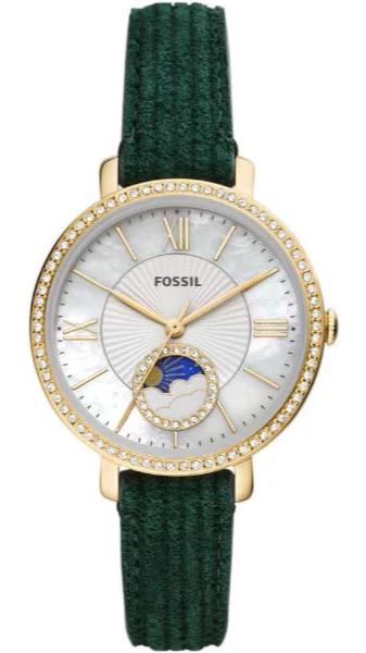 Fossil Jacqueline women's watch with white mother-of-pearl dial, gold-tone case, diamond bezel, and green leather strap