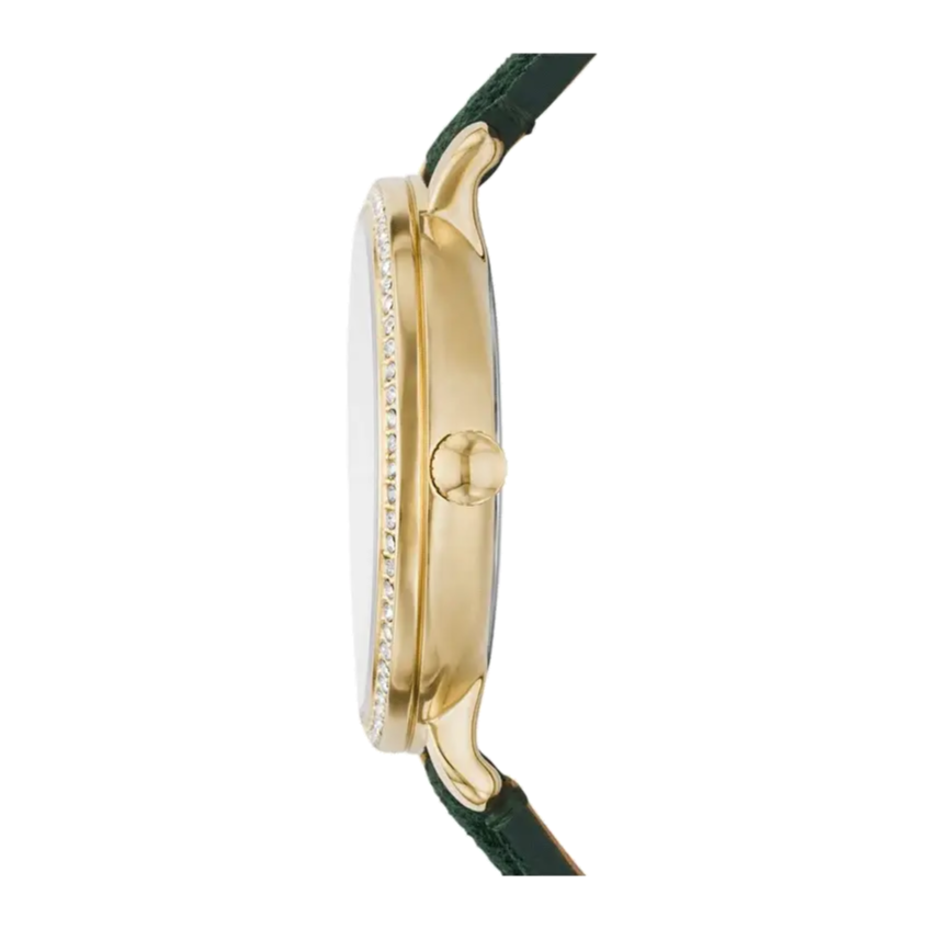Fossil Jacqueline watch side profile showing case depth and green leather strap