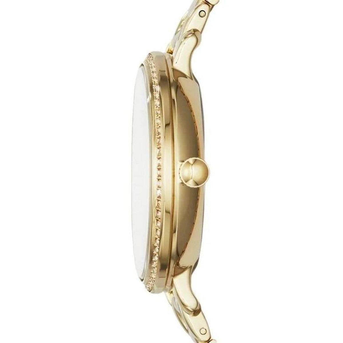 Side view of Fossil Jaqueline gold-tone watch showing thin profile and bracelet