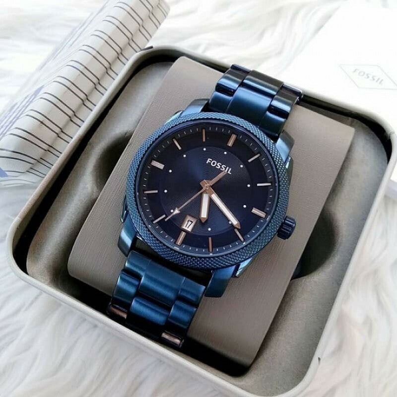 Fossil Machine FS5231 blue watch inside box with protective cushioning