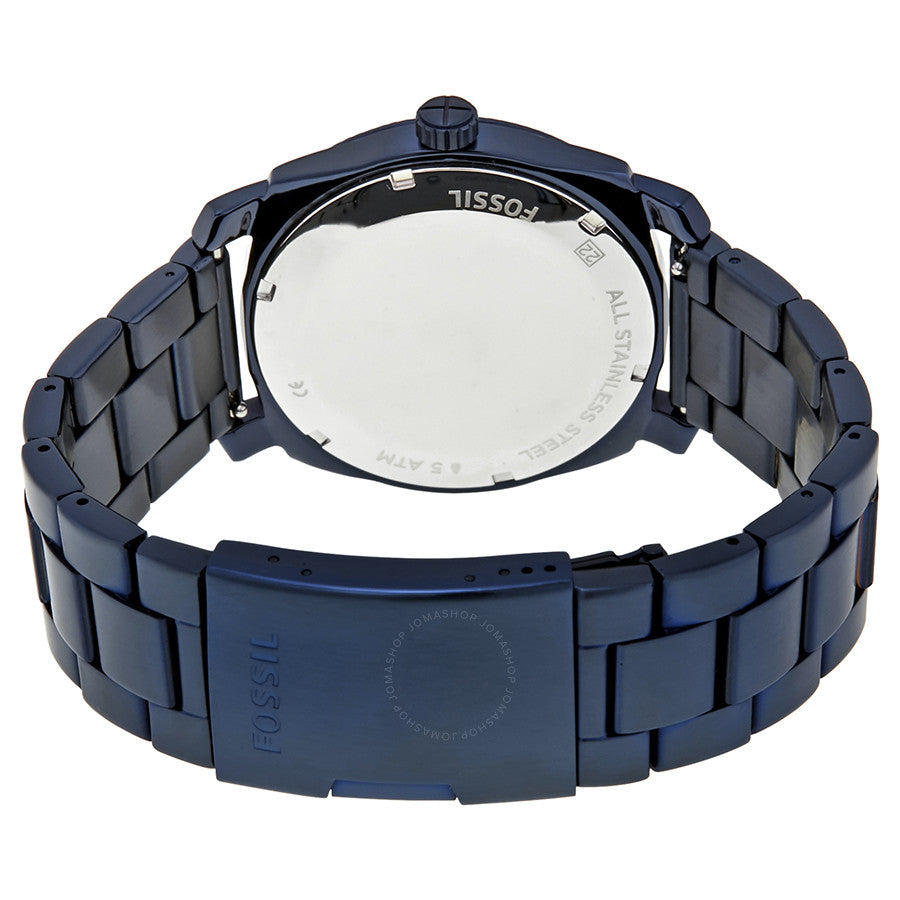 Fossil Machine FS5231 caseback showing stainless steel case and bracelet
