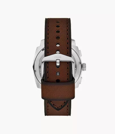 Fossil Machine Chronograph watch case back with brown leather strap and metal buckle