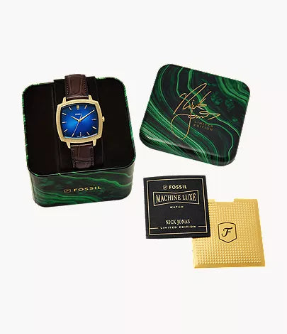 Nick Jonas x Fossil Machine Luxe limited edition watch box with watch and accessories