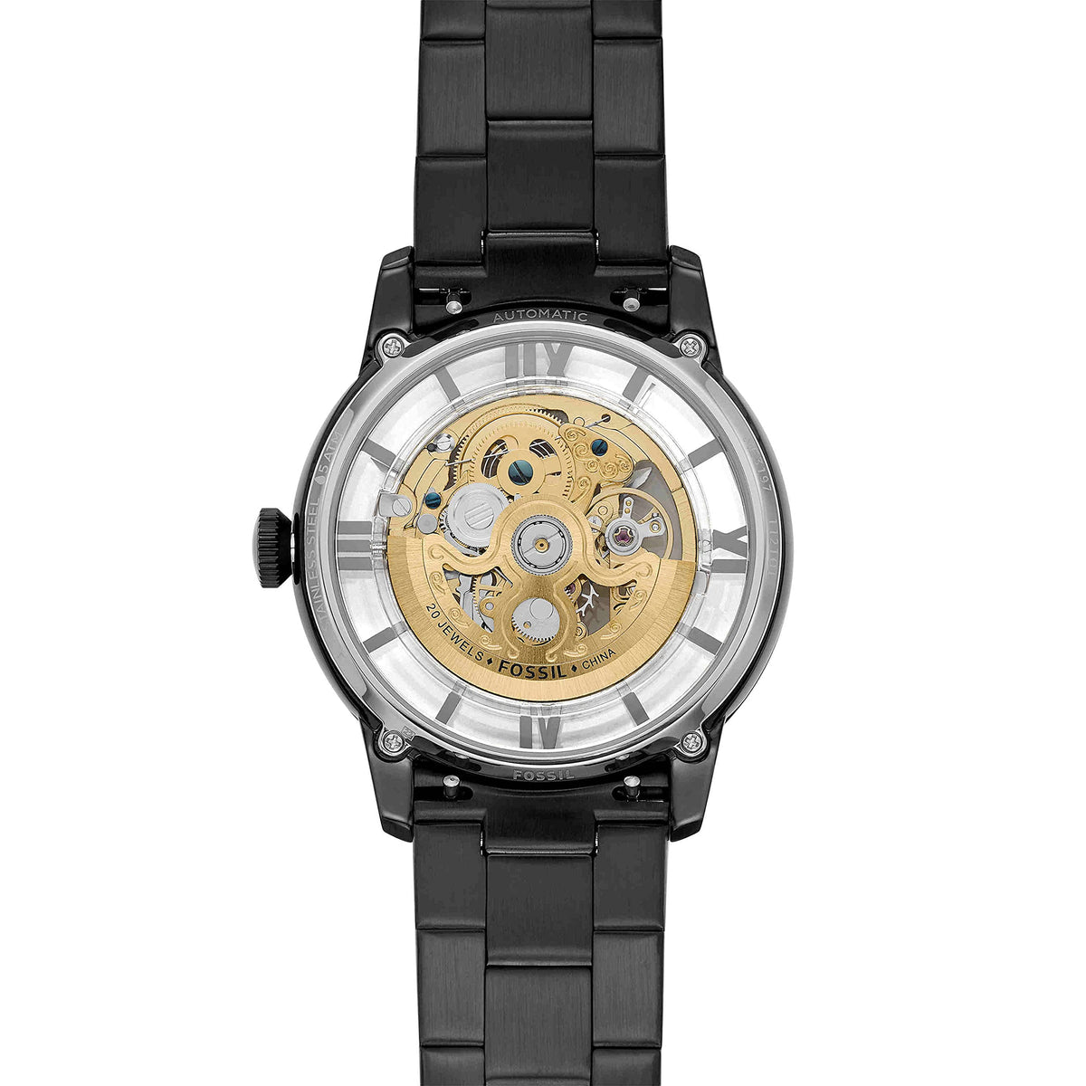 Fossil Townsman ME3197 skeleton automatic watch flat lay with visible golden movement