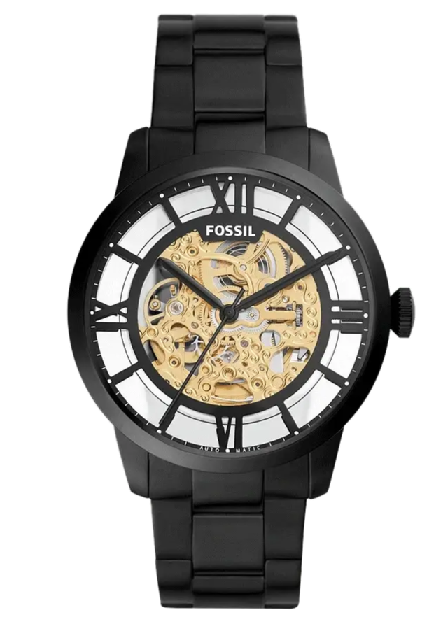 Fossil Townsman ME3197 automatic skeleton watch with black dial and black steel bracelet