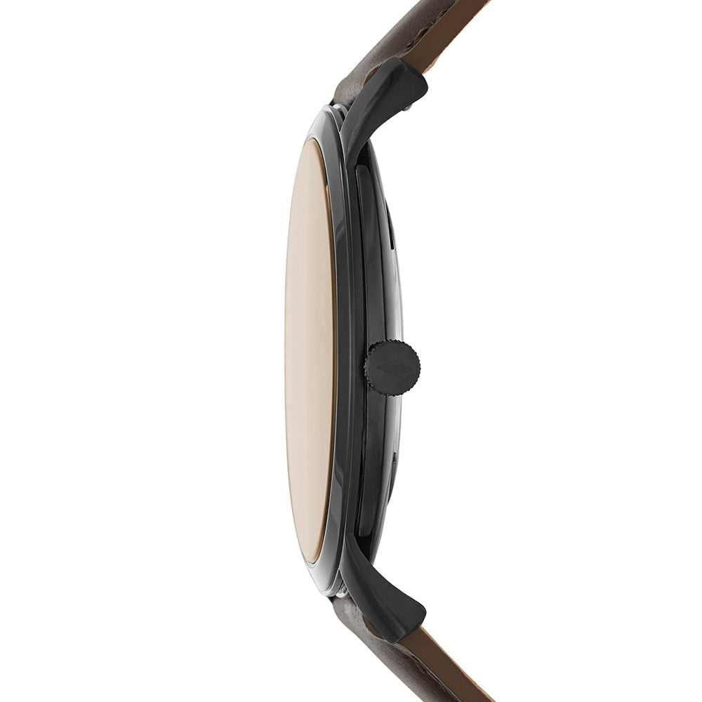 Fossil FS5551 watch shown from side profile with brown leather strap and black case