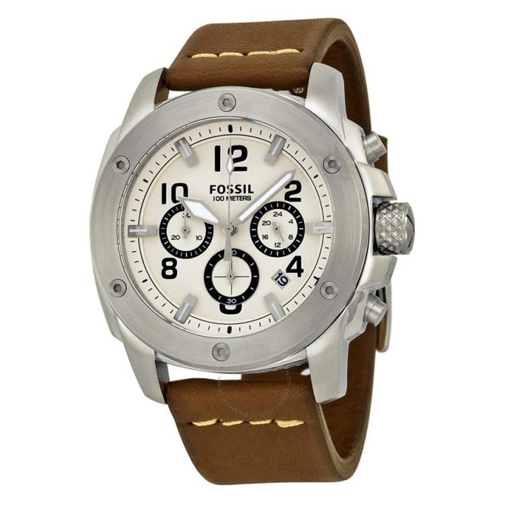 Fossil Modern Machine chronograph with stainless steel case and brown leather band at three-quarter angle