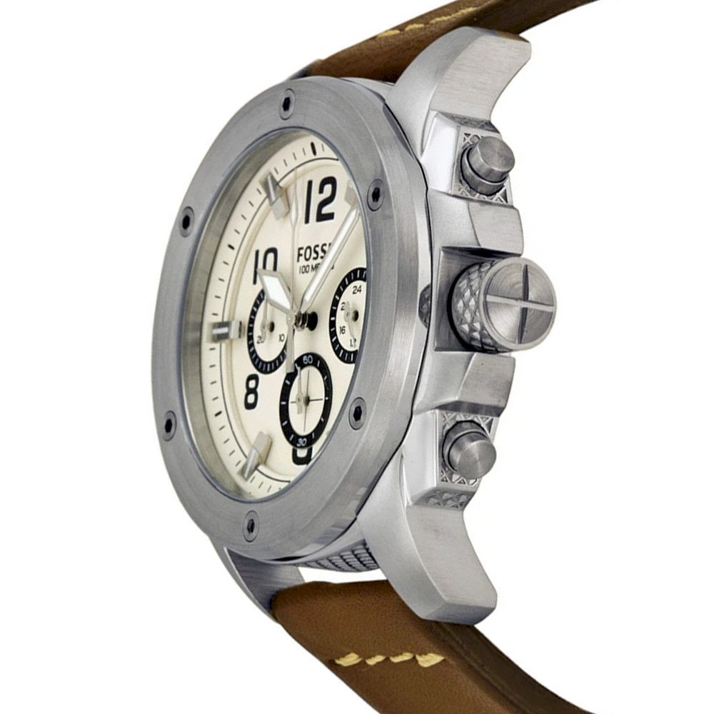 Side view of Fossil Modern Machine watch showing case profile and brown leather strap