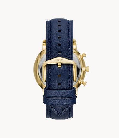 Case back view of Fossil Neutra Chronograph with navy leather strap and gold-tone buckle
