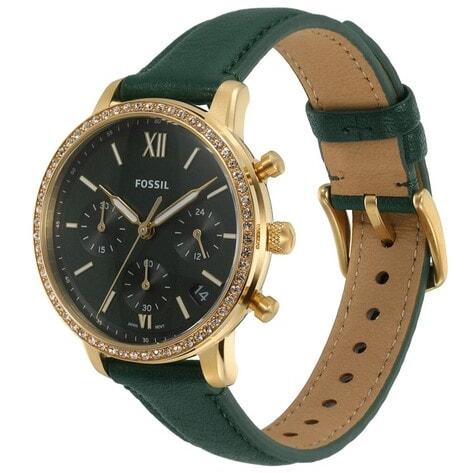 Fossil Neutra watch from angled side view showing green eco leather strap and tan leather interior