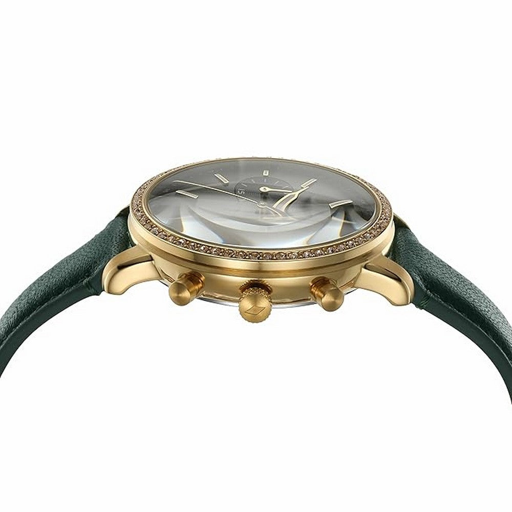 Close-up of Fossil Neutra dial showing dark green face, Roman numerals, chronograph subdials, and gold hands