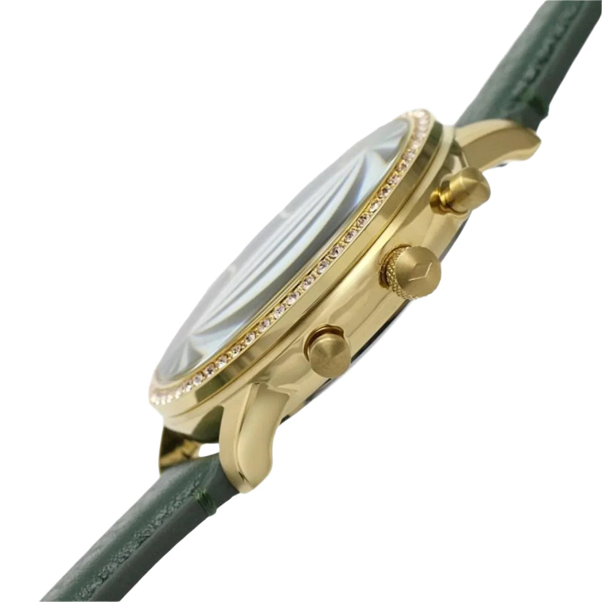 Fossil Neutra chronograph watch worn on wrist, displaying crystal bezel and green leather band