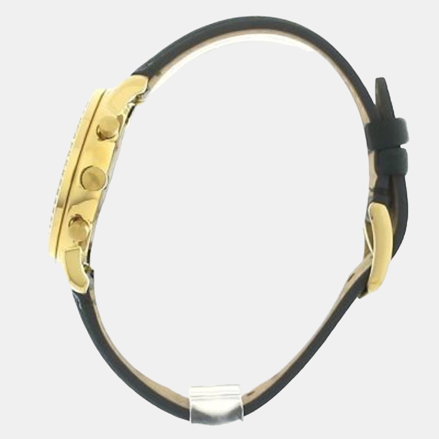 Side view of Fossil Neutra watch showing gold case lugs and green leather strap with buckle