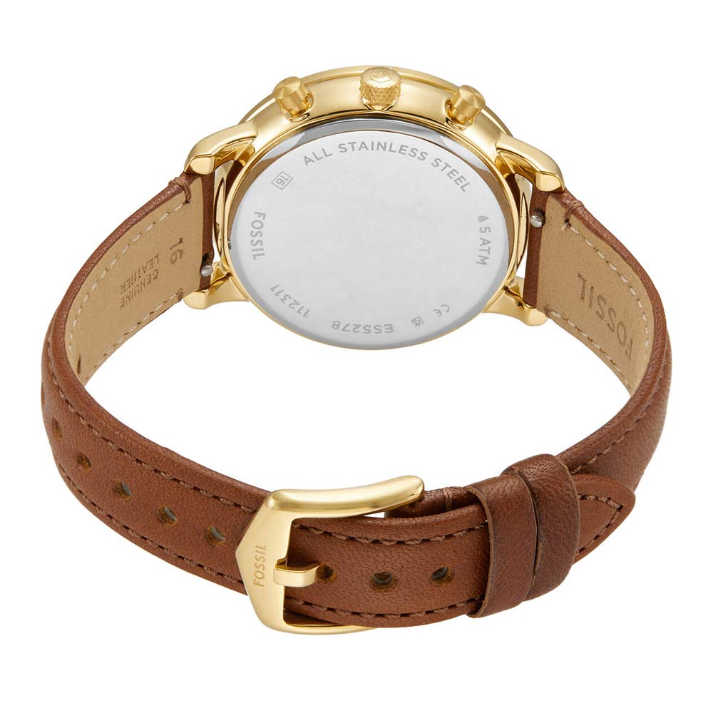 Fossil Neutra caseback showing stainless steel case back and brown leather strap with gold-tone buckle