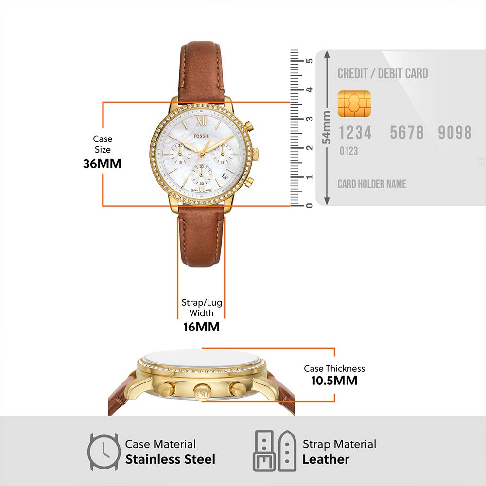 Fossil Neutra specifications: 36mm case size, 16mm strap width, 10.5mm thickness, stainless steel case, leather strap