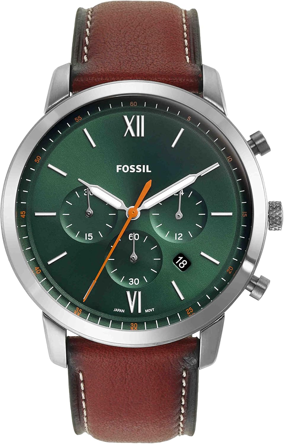 Fossil Neutra FS5902 chronograph watch with green dial, brown leather strap, and stainless steel case