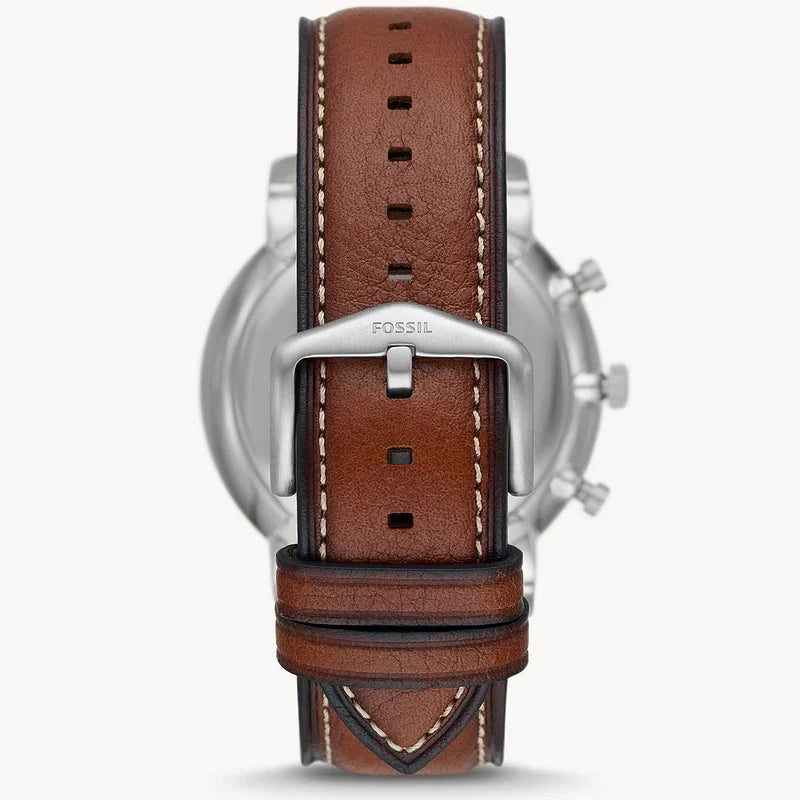 Brown leather strap with white stitching and stainless steel buckle on Fossil Neutra FS5902