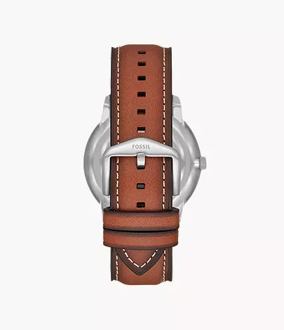 Fossil Neutra FS5903 watch shown from back with brown leather strap