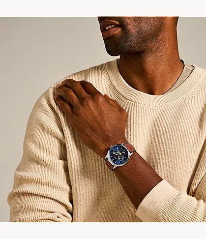 Fossil Neutra FS5903 watch worn on wrist with brown leather strap