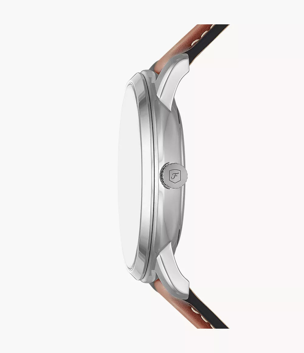 Fossil Neutra FS5903 watch shown from side profile with brown leather strap