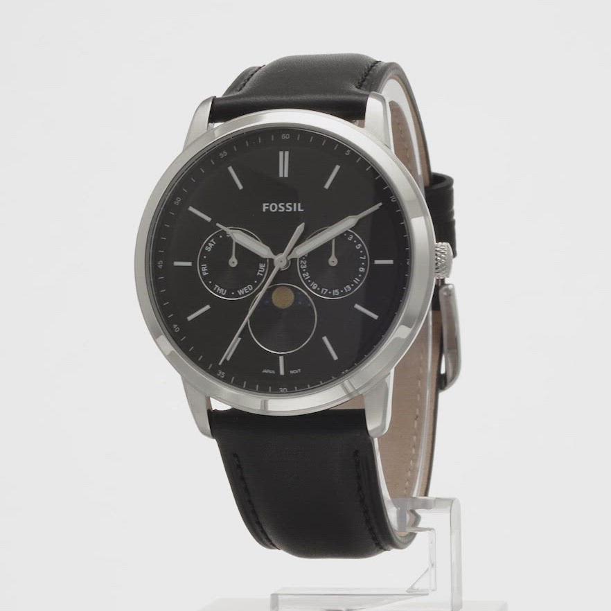 Fossil Neutra FS5904 watch angled view showing dial and black leather strap detail