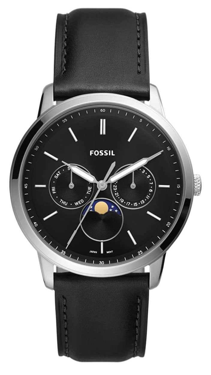 Fossil Neutra FS5904 men's watch with black dial, moonphase subdial, and black leather strap